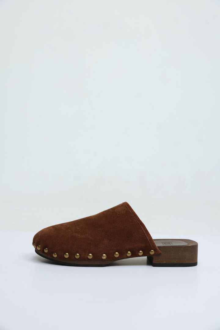 Brown Studded Suede Wood Clogs