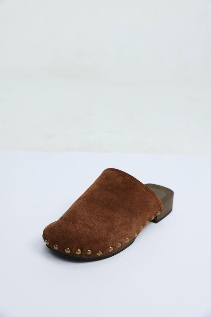 Brown Studded Suede Wood Clogs