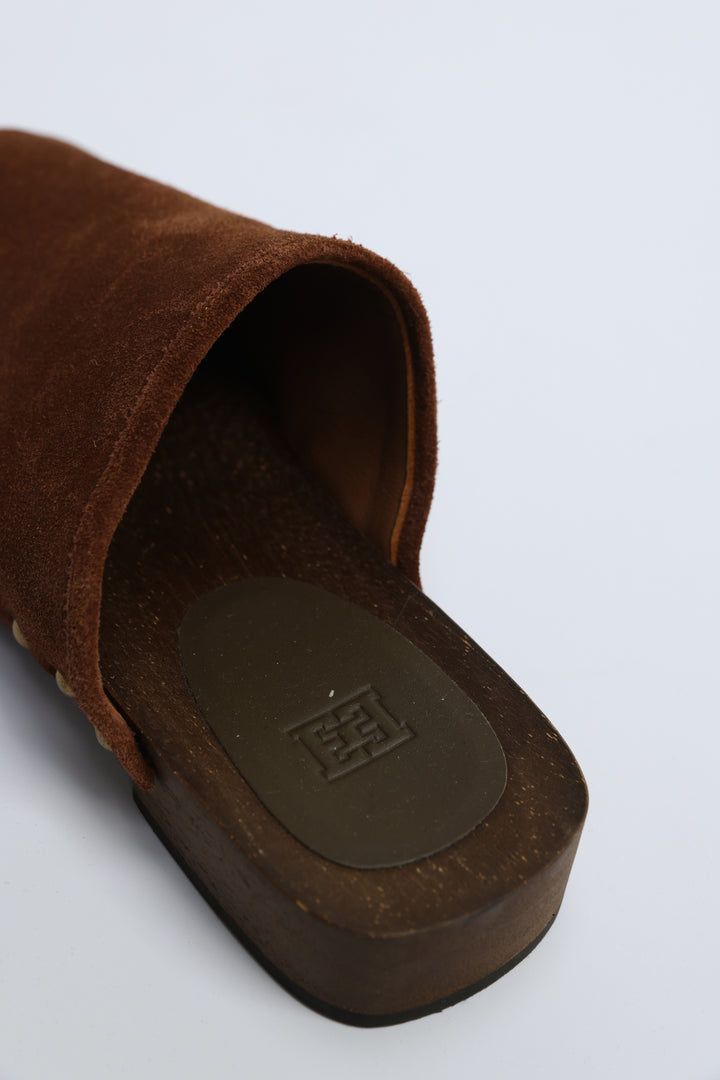 Brown Studded Suede Wood Clogs
