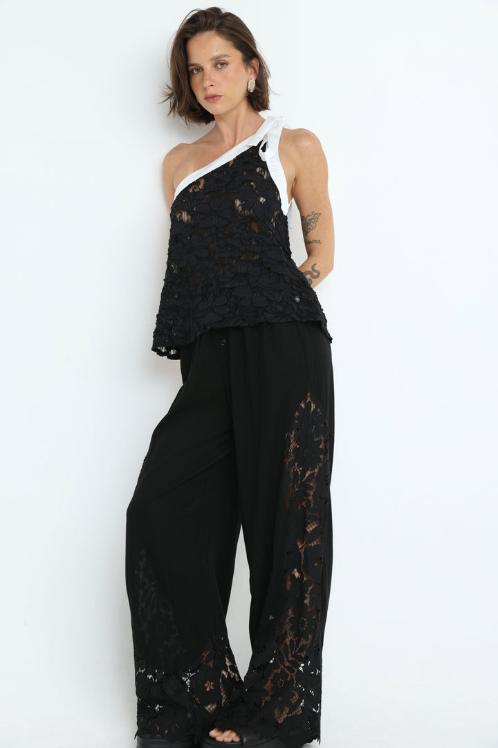 Floral Lace Black One Shoulder Top