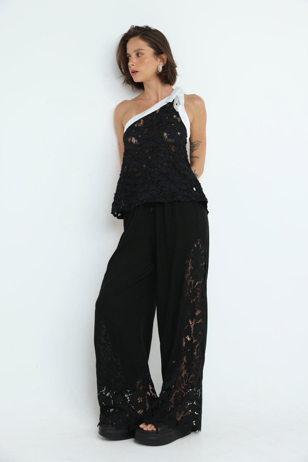 Floral Lace Black One Shoulder Top