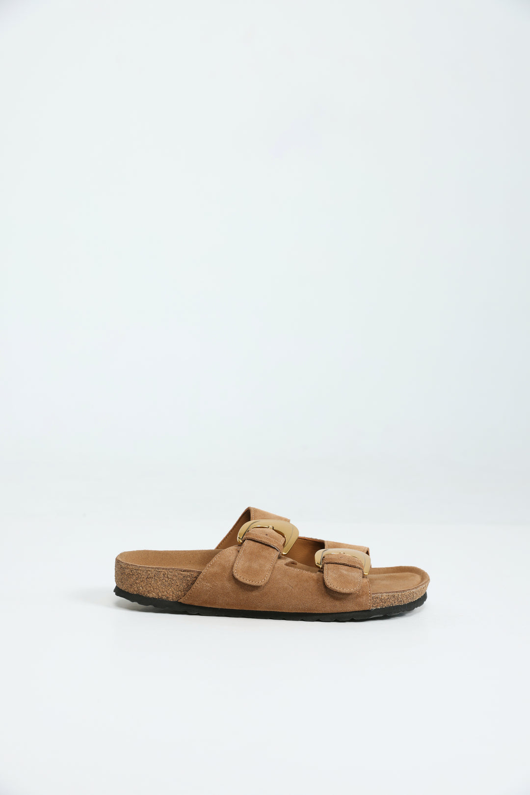 Gold Buckle Camel Suede Slides