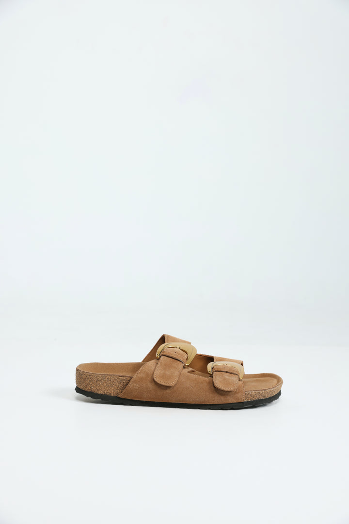 Gold Buckle Camel Suede Slides