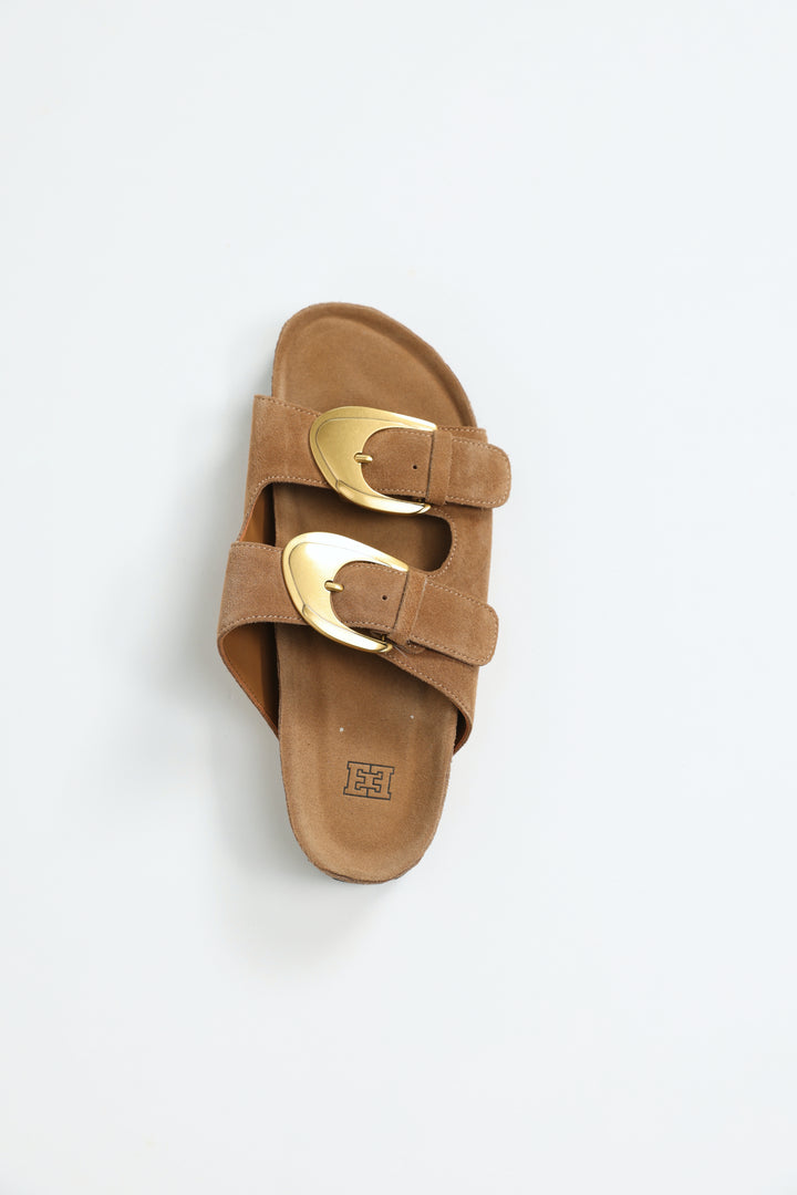 Gold Buckle Camel Suede Slides