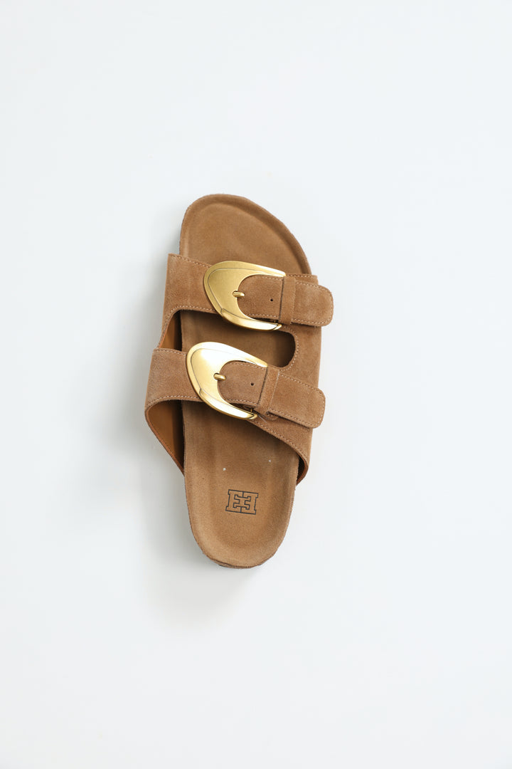 Gold Buckle Camel Suede Slides