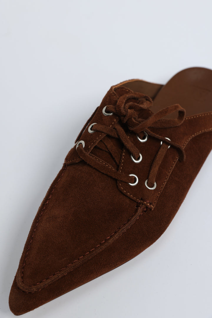 Pointed Brown Suede Moccasin Slides