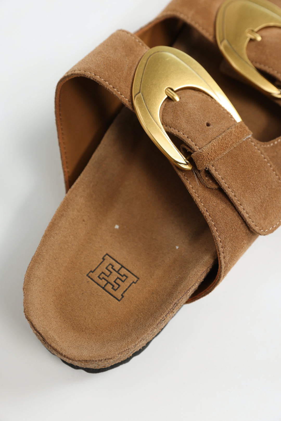 Gold Buckle Camel Suede Slides