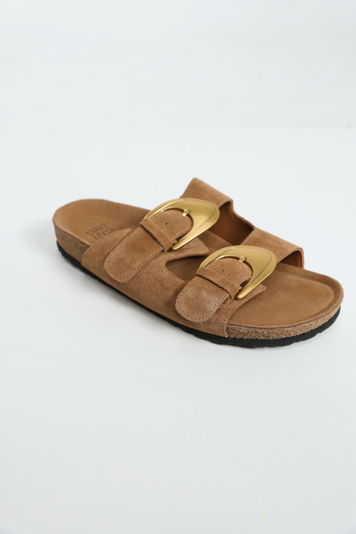 Gold Buckle Camel Suede Slides