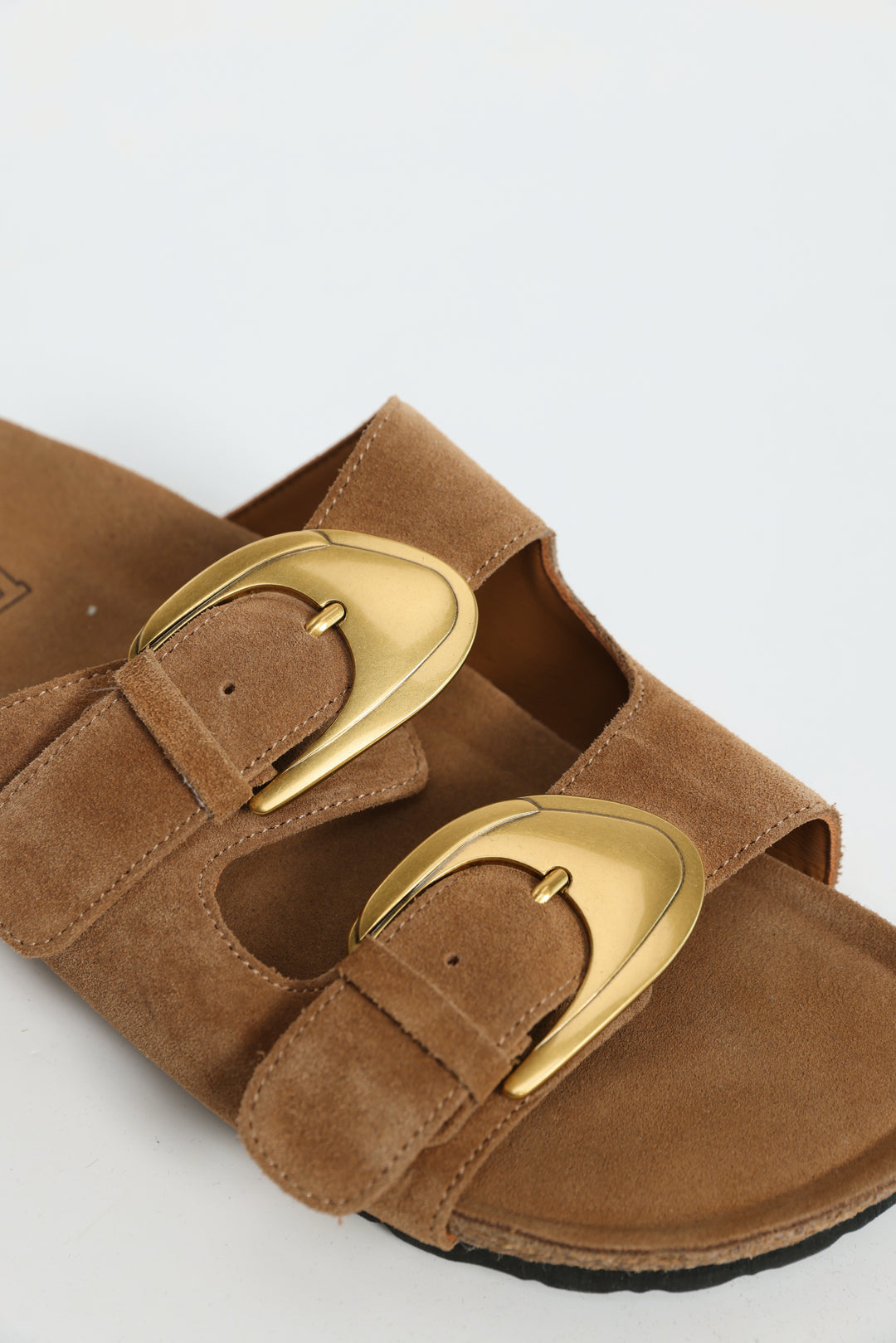 Gold Buckle Camel Suede Slides