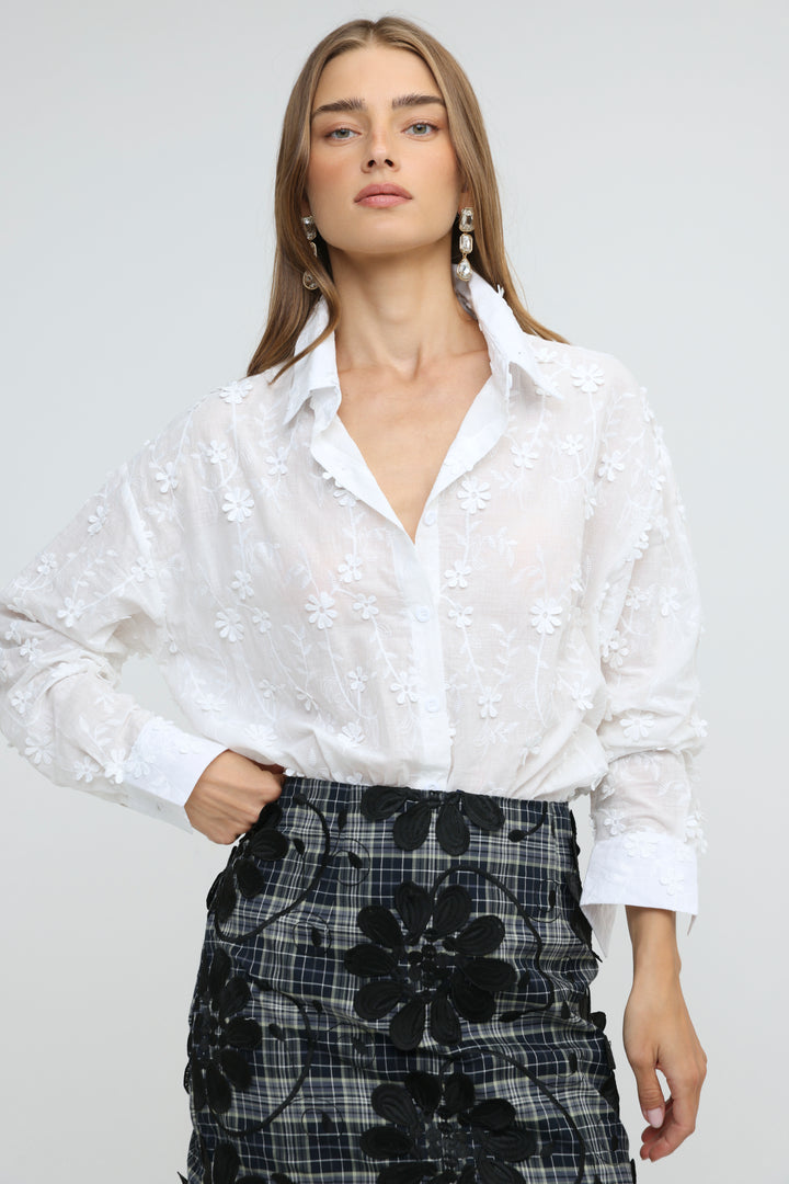 Floral Embroidery White Buttoned Shirt