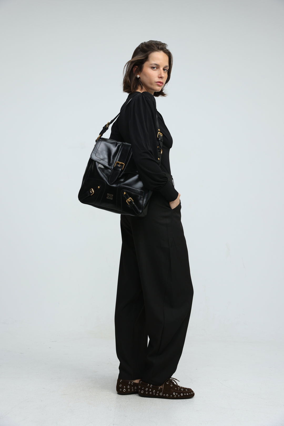 Buckle Pocket Black Bag