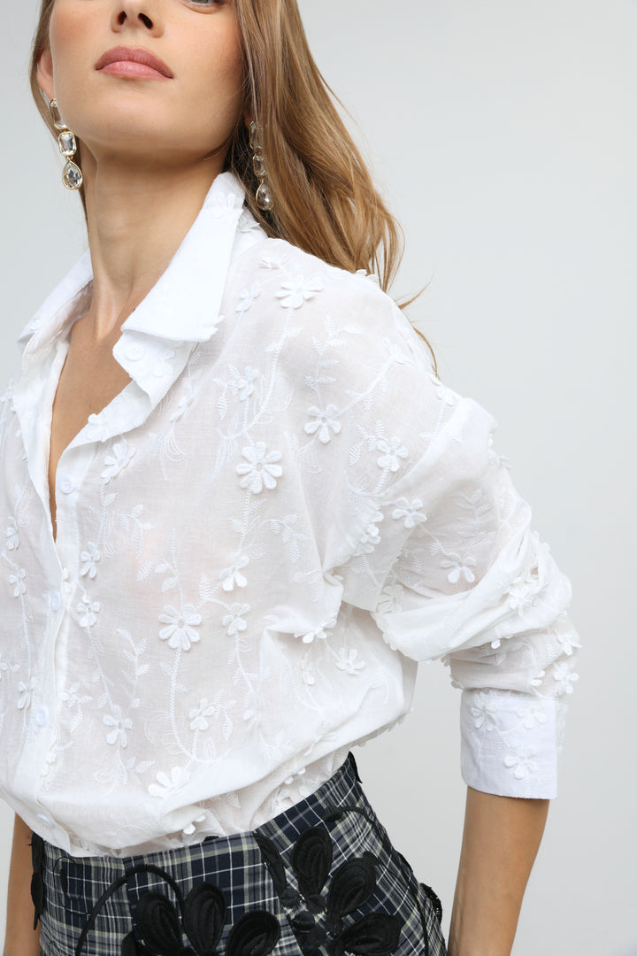 Floral Embroidery White Buttoned Shirt