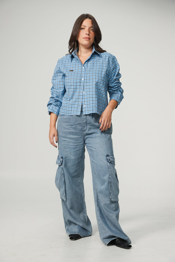 Blue Plaid Cropped Buttoned Shirt