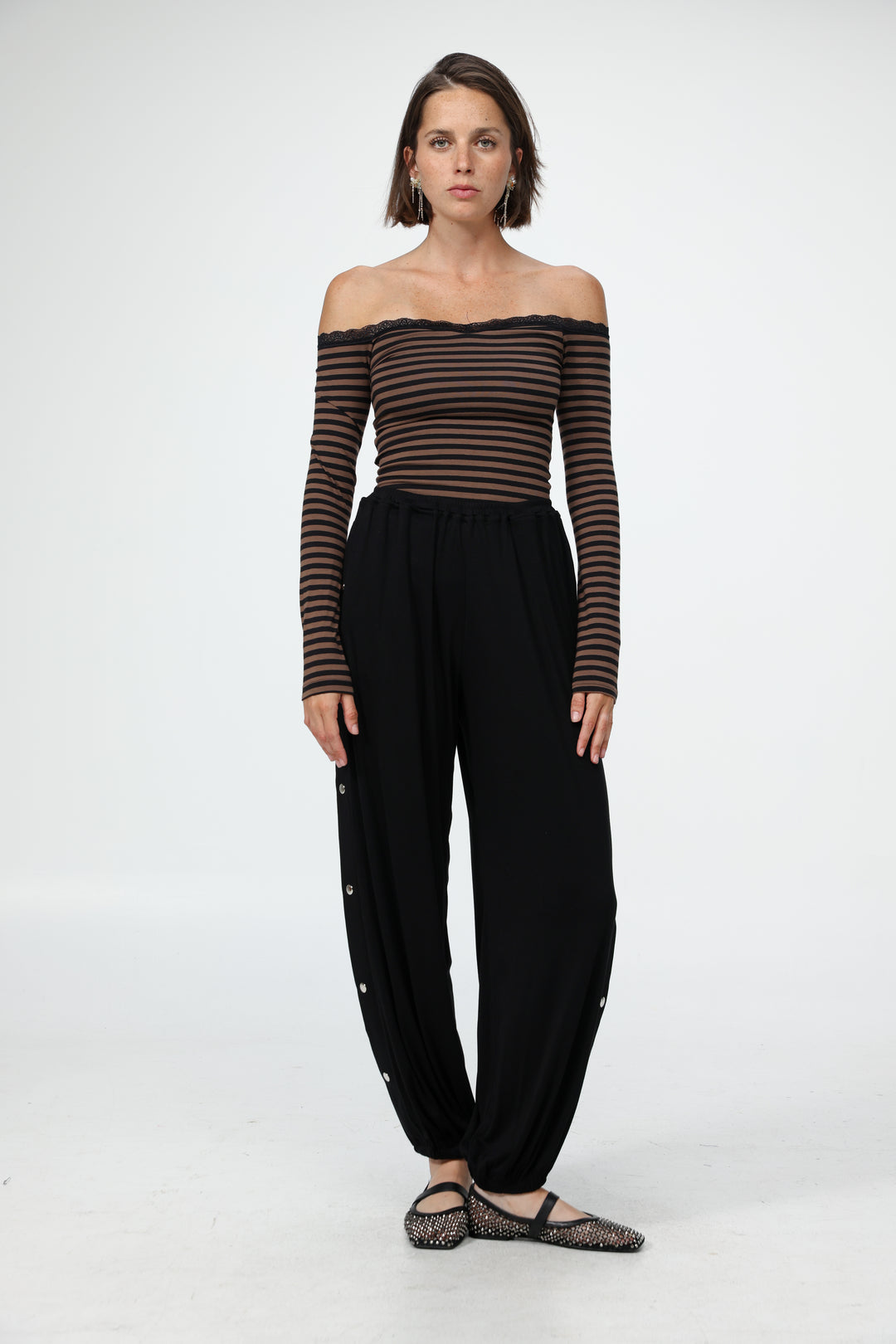 Player Brown Stripes Off Shoulder Top