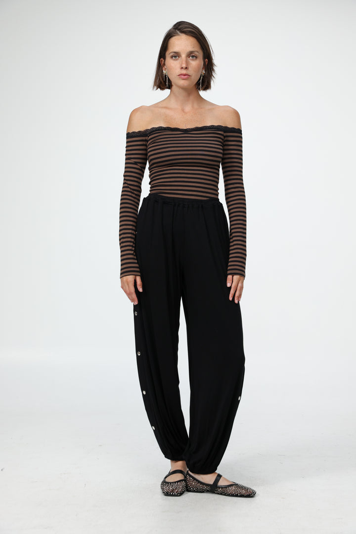 Player Brown Stripes Off Shoulder Top