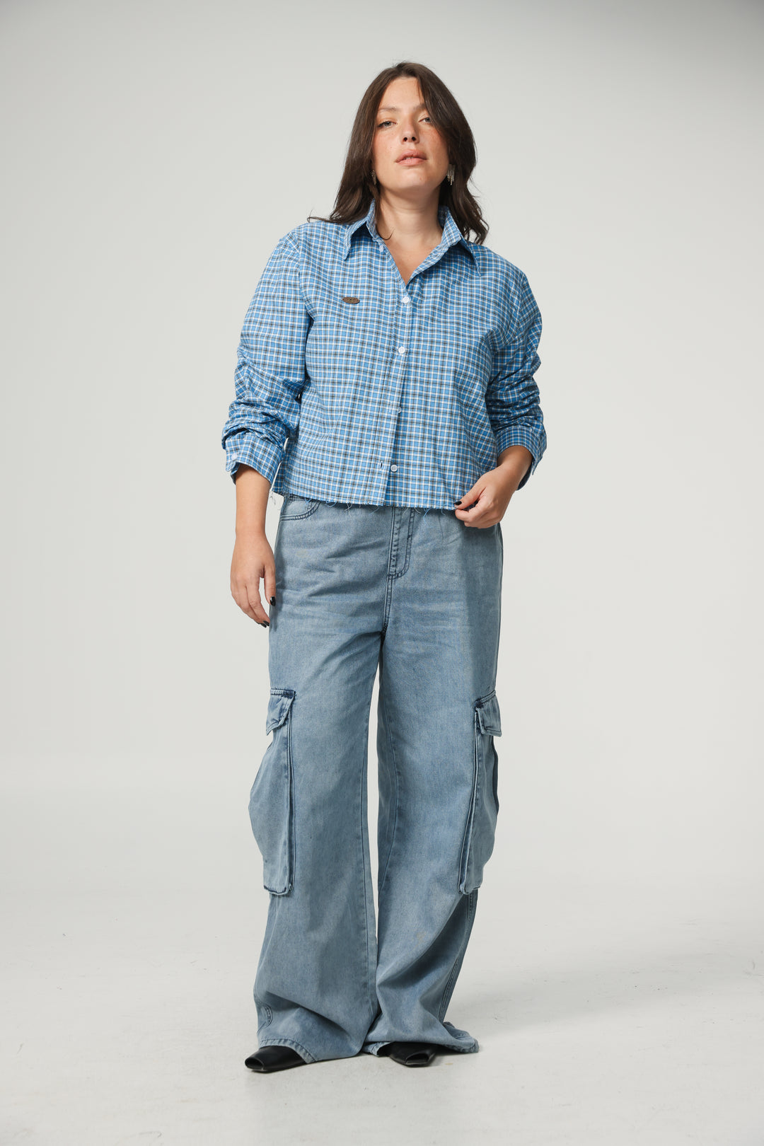 Blue Plaid Cropped Buttoned Shirt