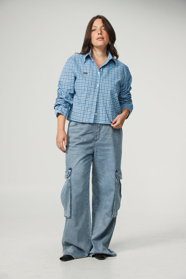 Blue Plaid Cropped Buttoned Shirt