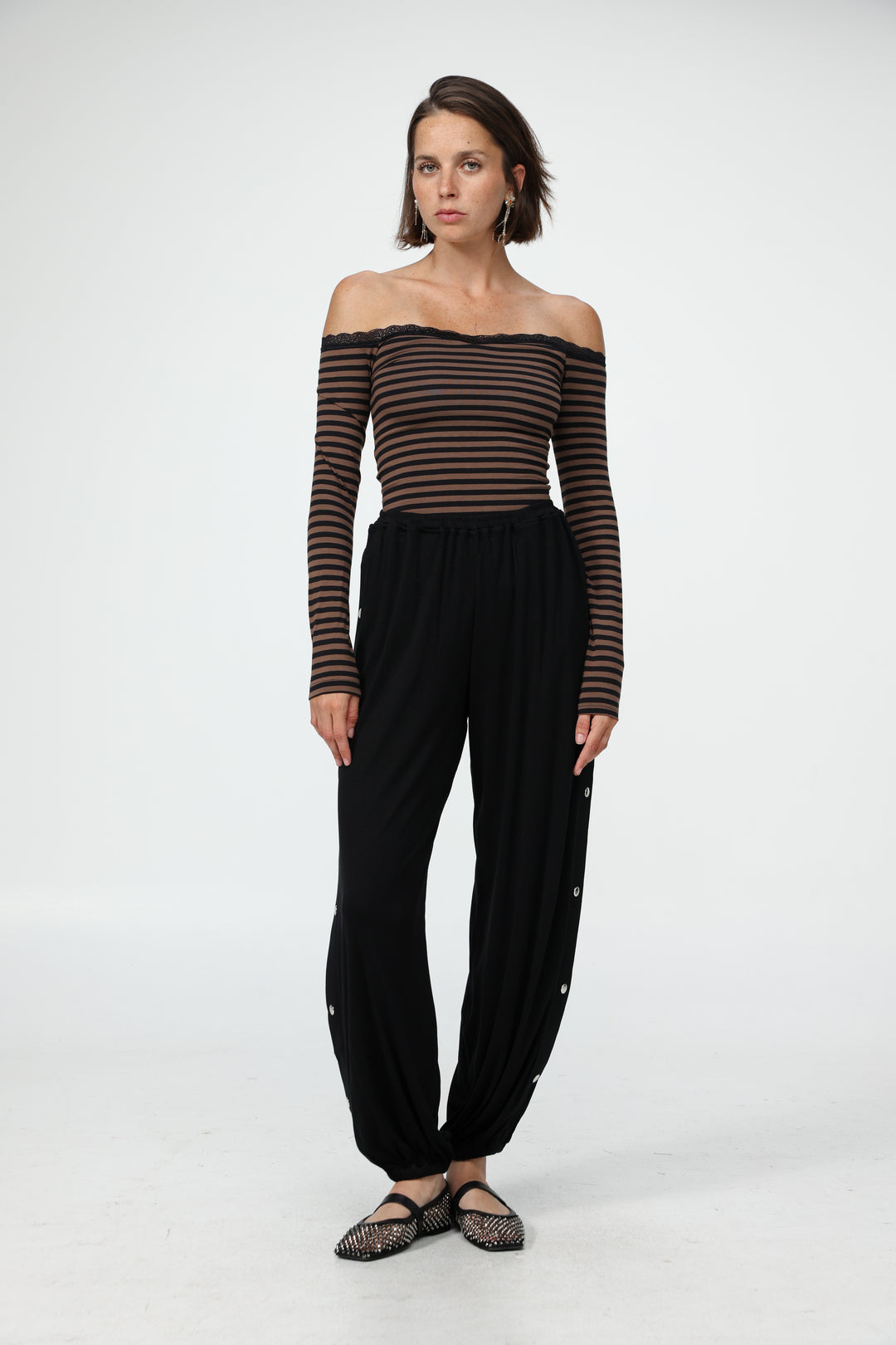 Player Brown Stripes Off Shoulder Top