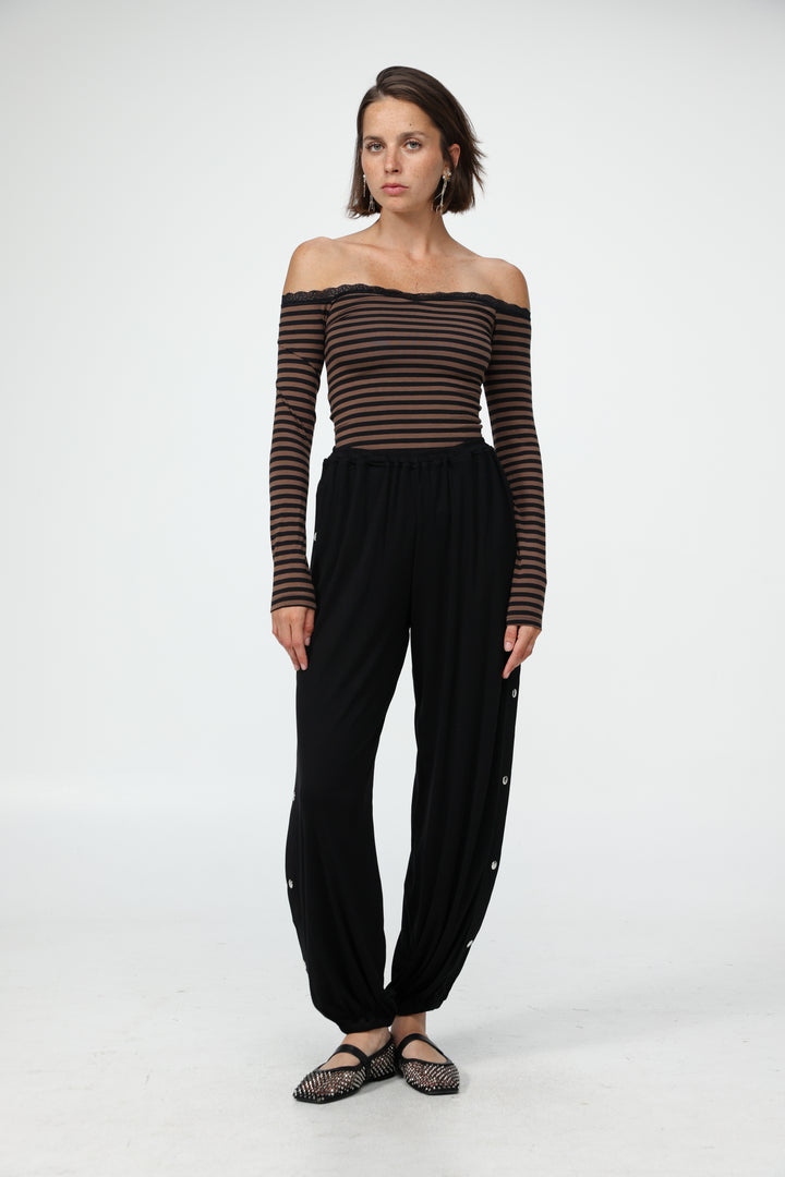 Player Brown Stripes Off Shoulder Top