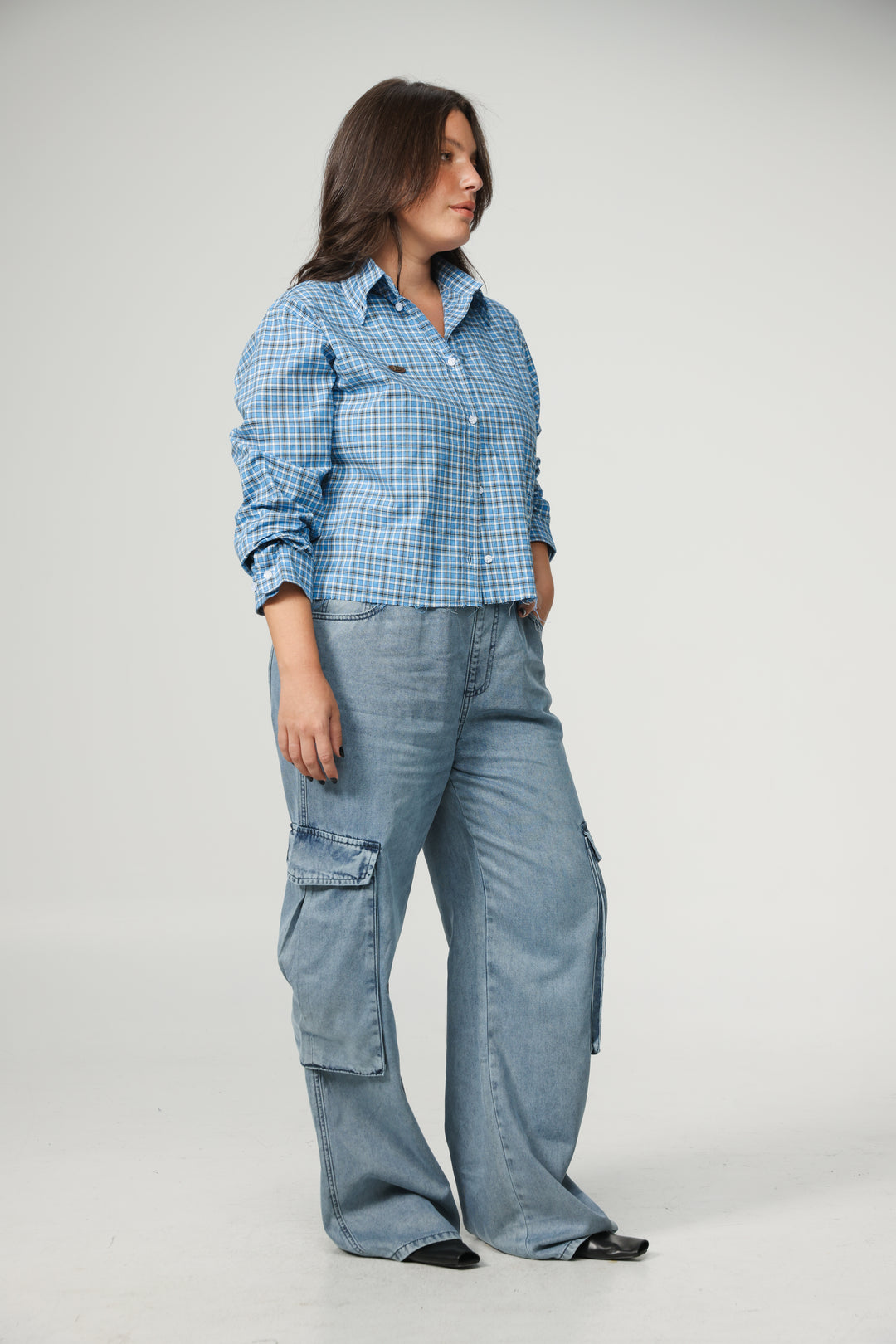 Blue Plaid Cropped Buttoned Shirt