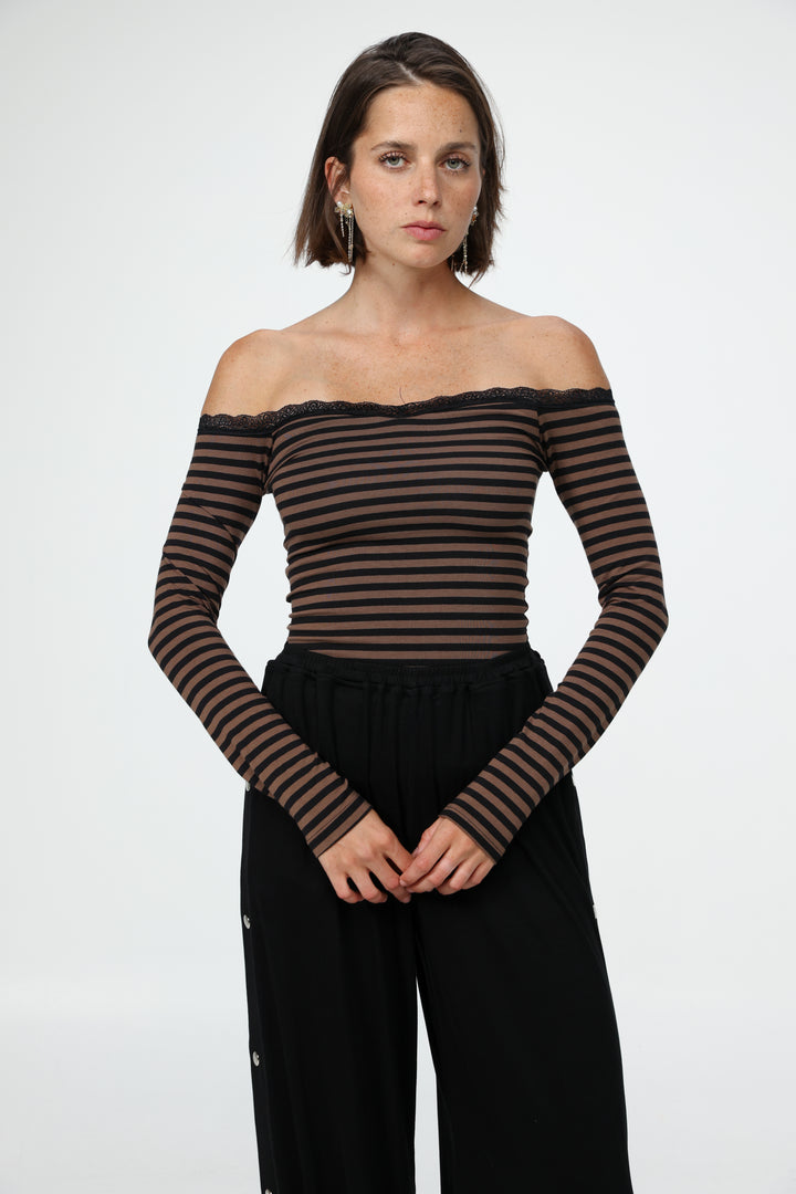 Player Brown Stripes Off Shoulder Top