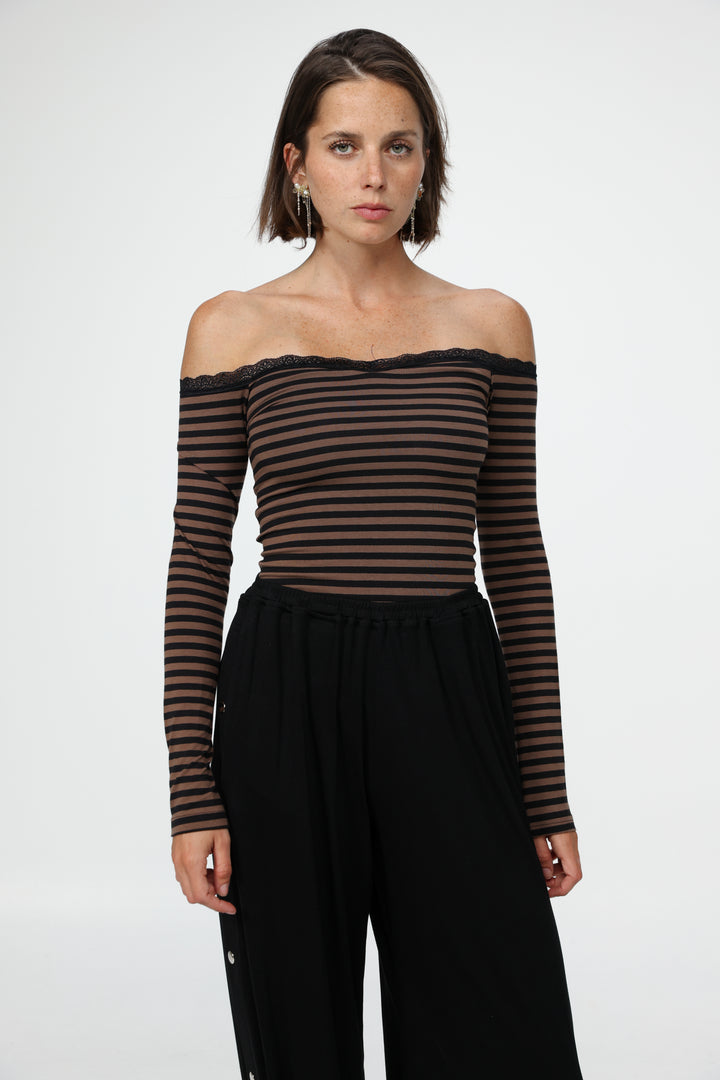 Player Brown Stripes Off Shoulder Top