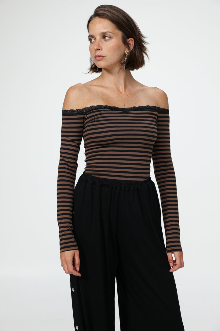 Player Brown Stripes Off Shoulder Top