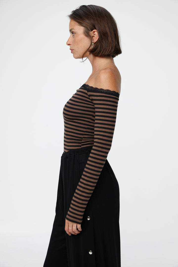 Player Brown Stripes Off Shoulder Top