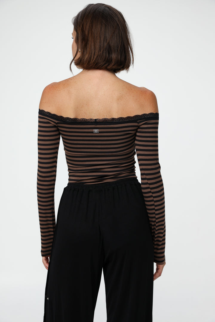 Player Brown Stripes Off Shoulder Top