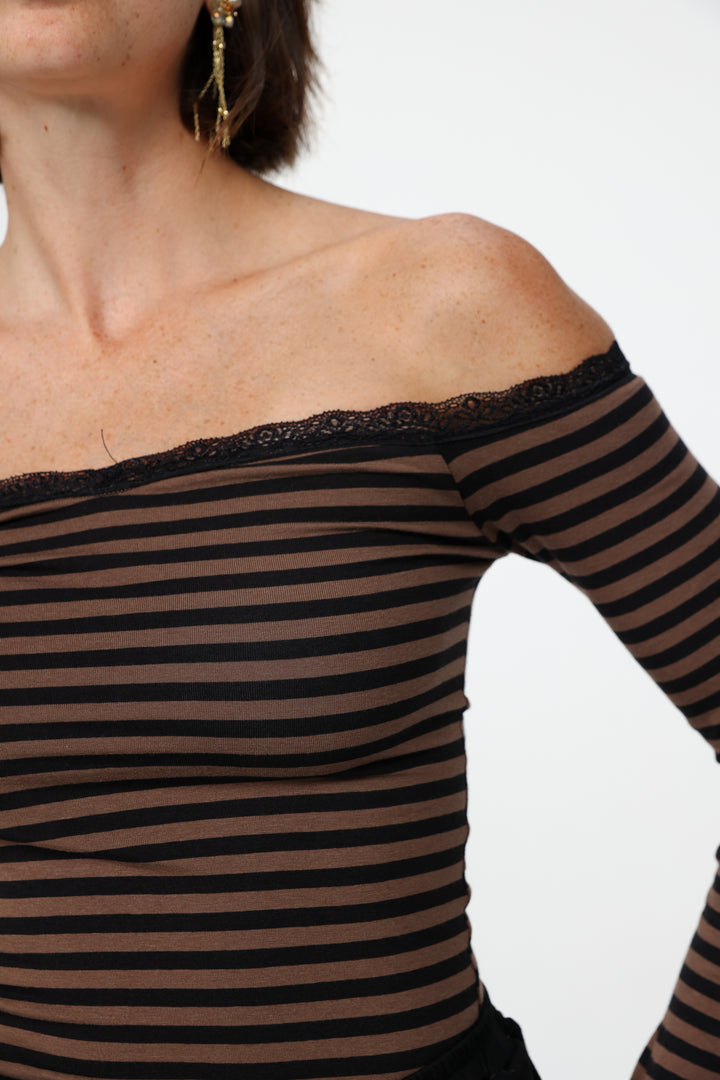 Player Brown Stripes Off Shoulder Top