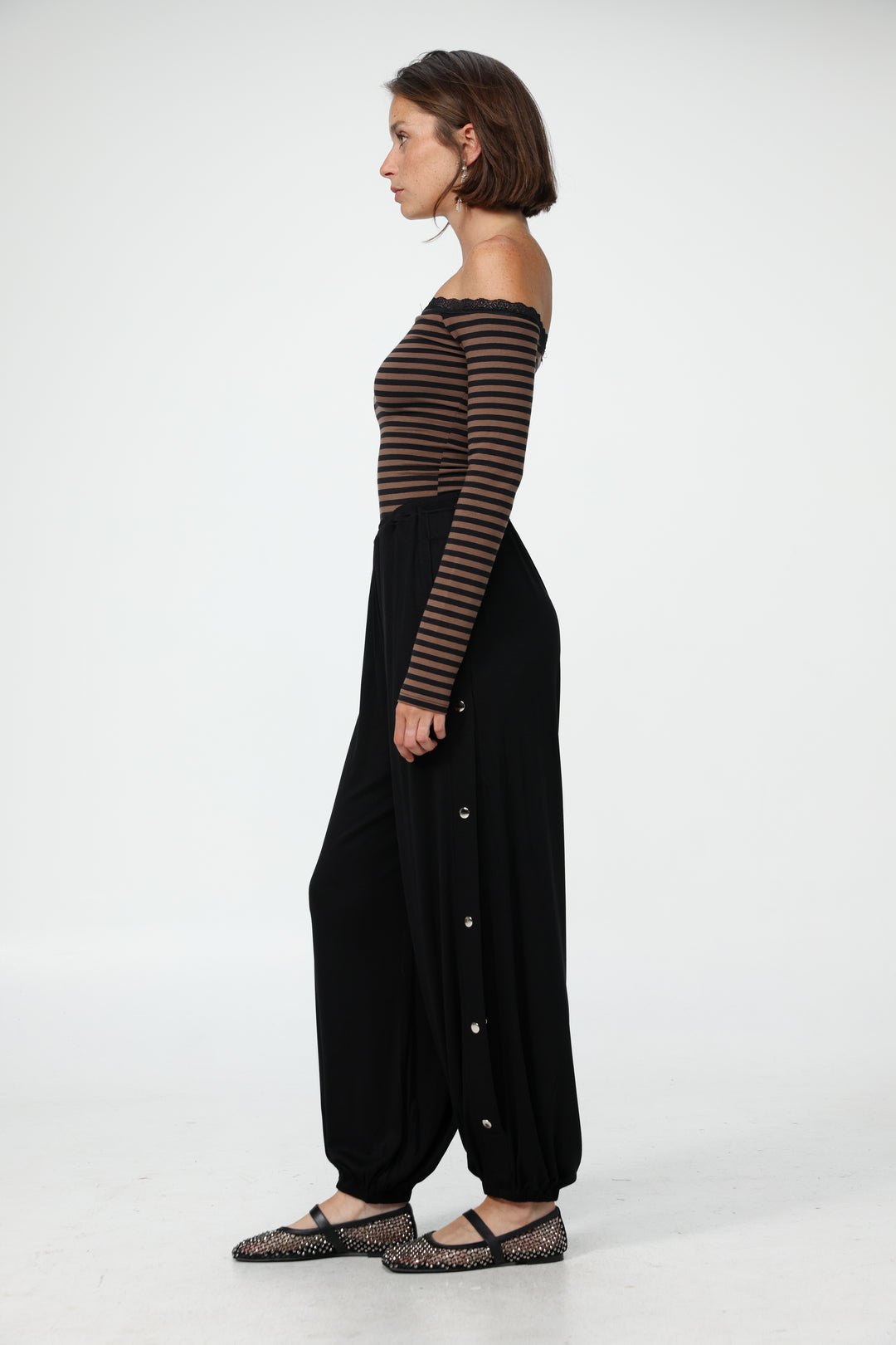 Player Brown Stripes Off Shoulder Top