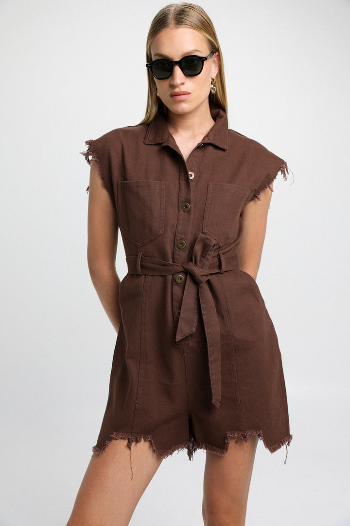 Short Brown Denim Jumpsuit