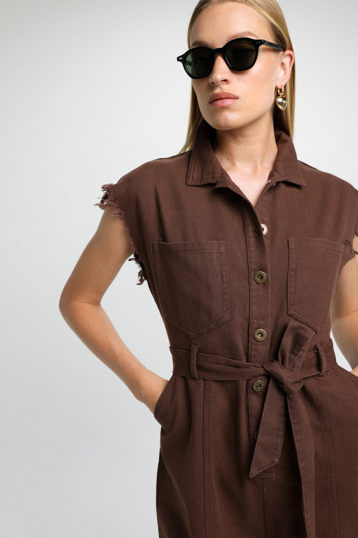 Short Brown Denim Jumpsuit