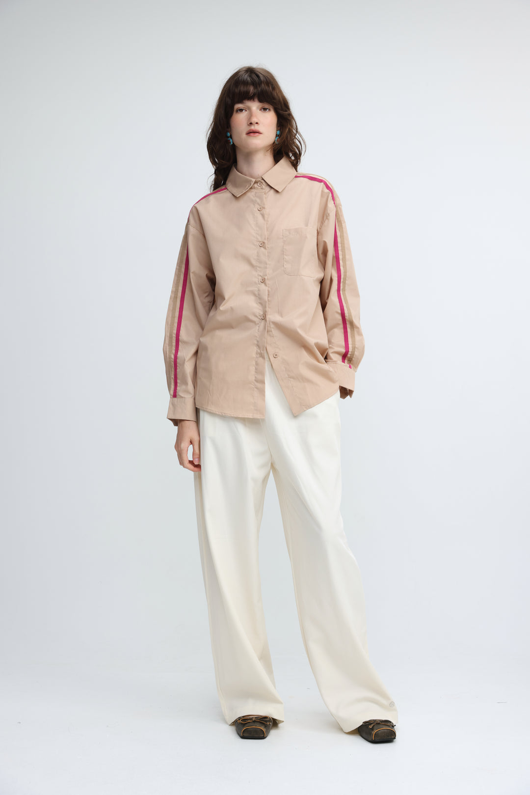 Side Stripes Beige Buttoned Shirt