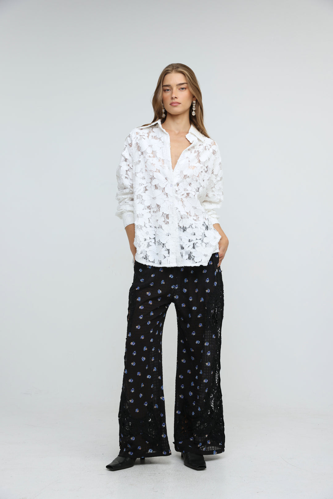 Floral Lace White Buttoned Shirt