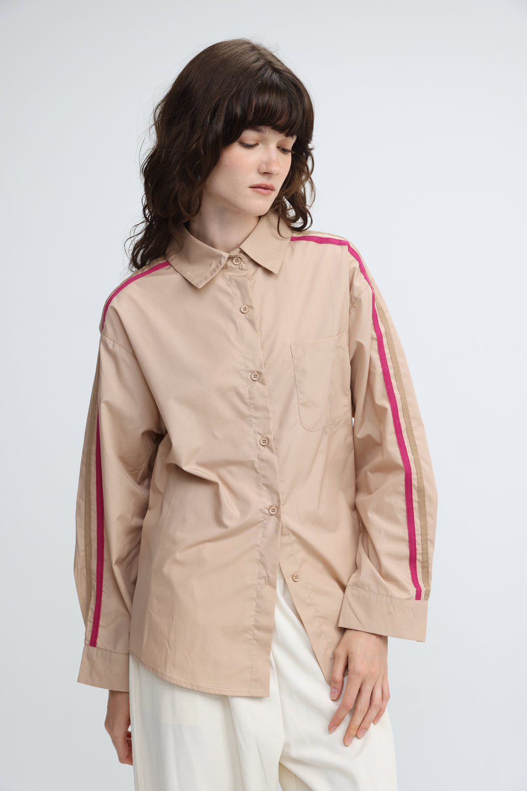 Side Stripes Beige Buttoned Shirt