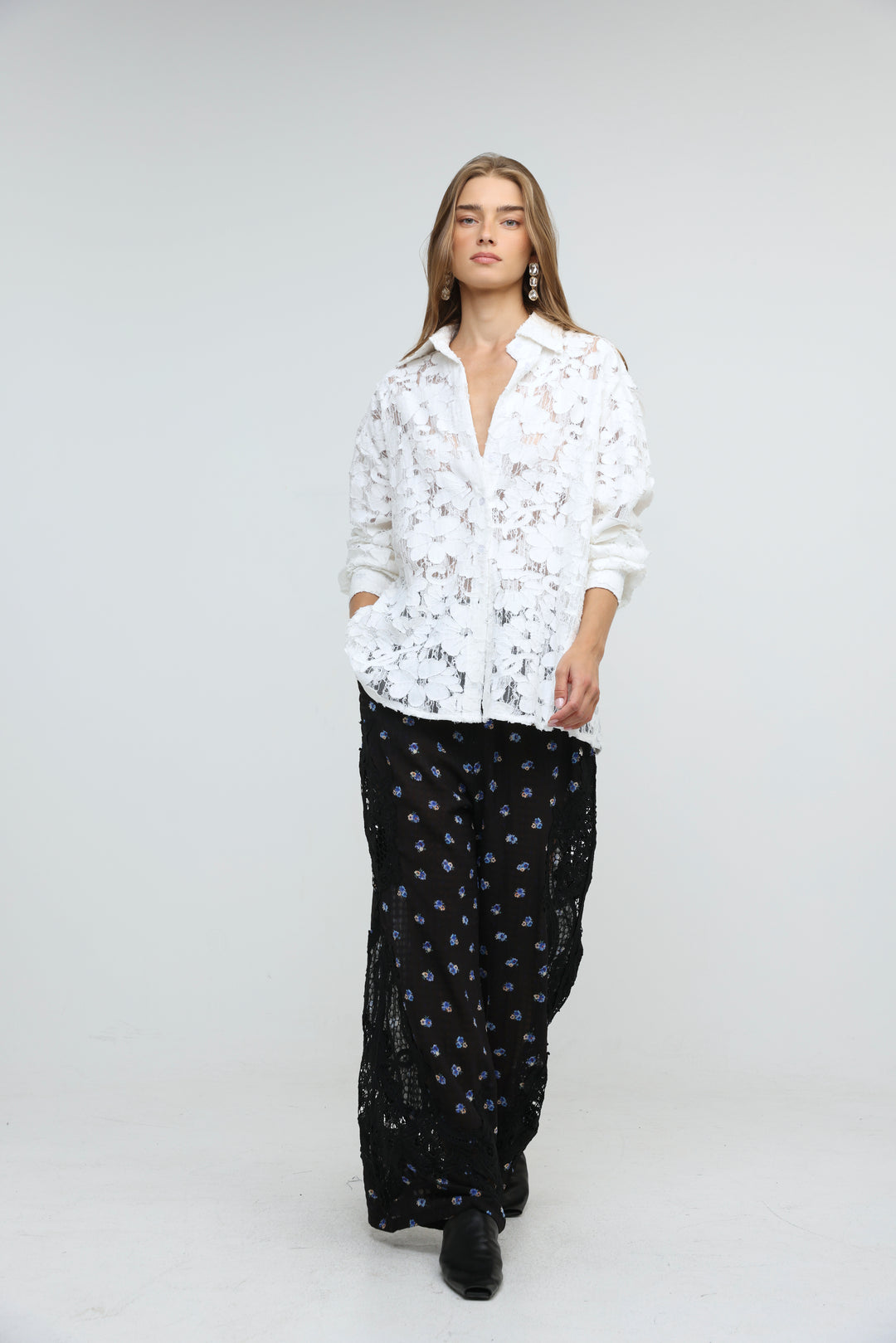 Floral Lace White Buttoned Shirt