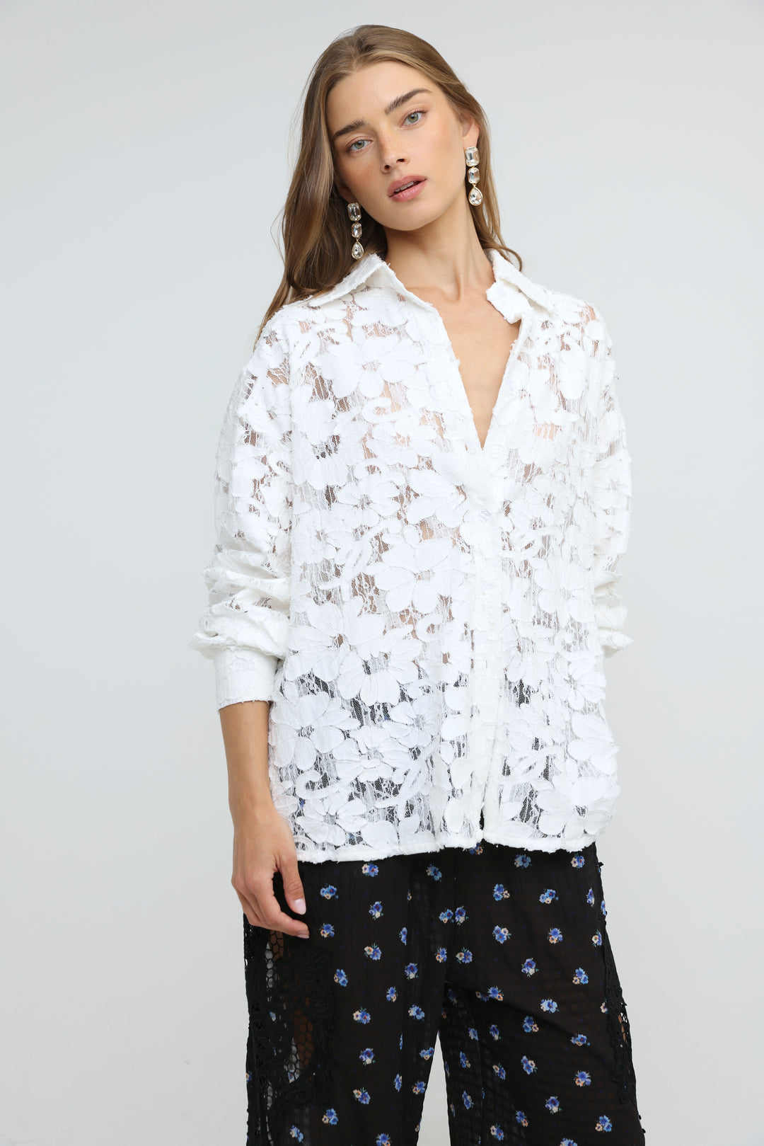 Floral Lace White Buttoned Shirt