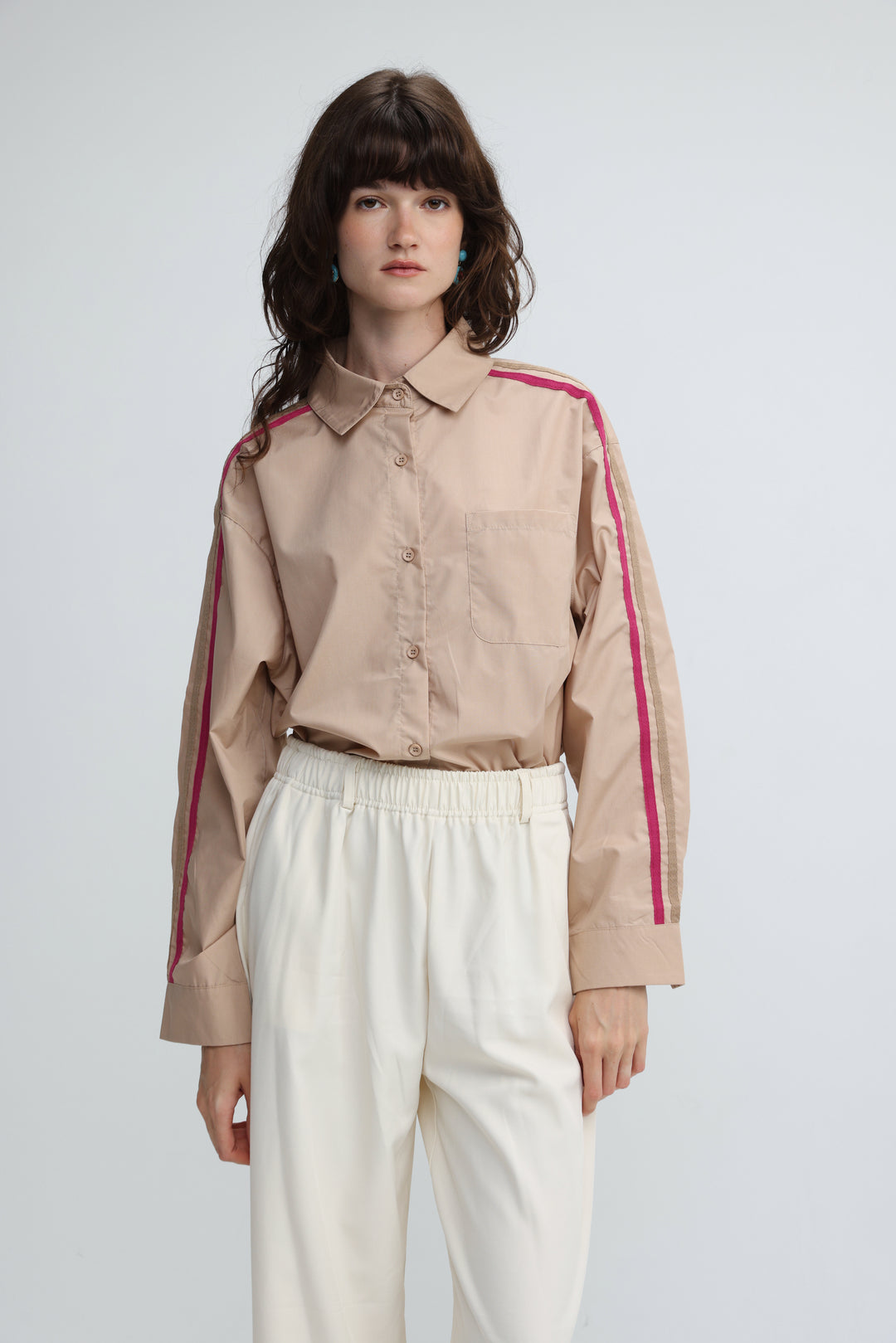 Side Stripes Beige Buttoned Shirt