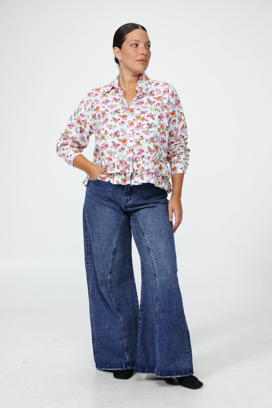 חולצה פרחונית מכופתרת לנשים מידה גדולה Ruffle Floral Buttoned Shirt 