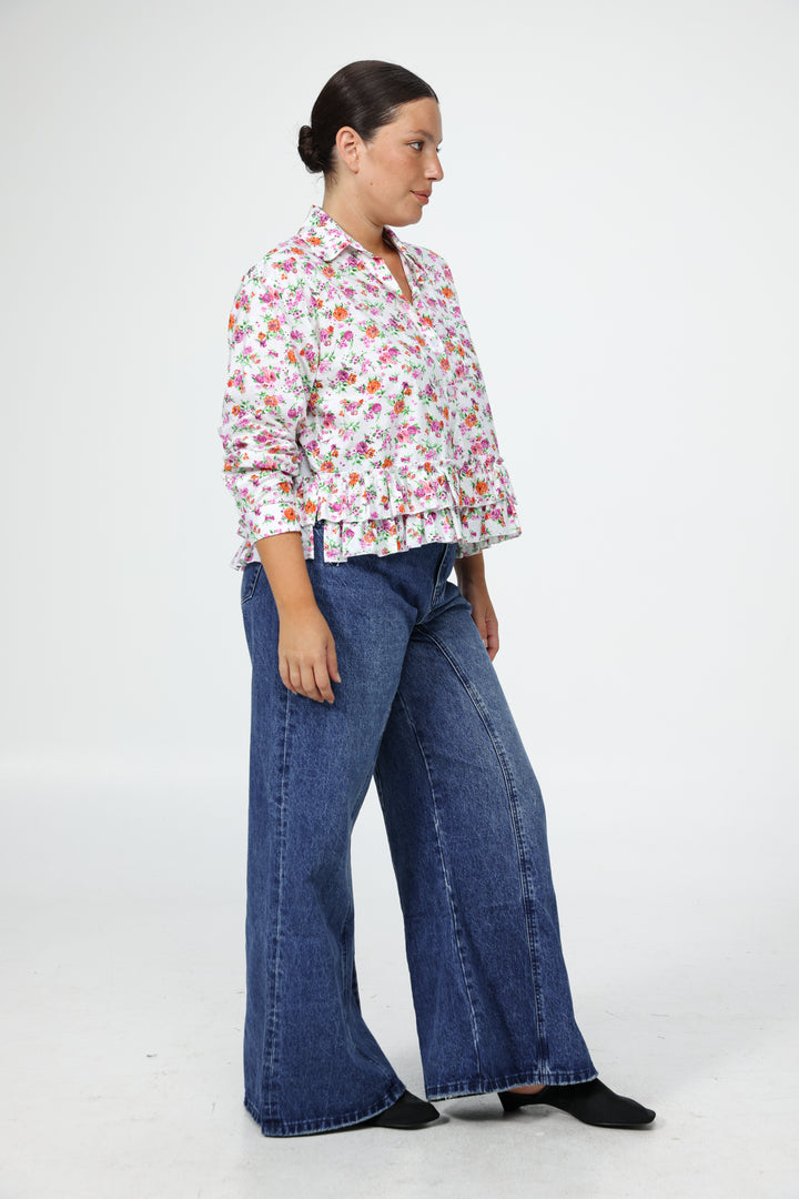 חולצה מכופתרת פרחונית לאישה מידה L Ruffle Floral Buttoned Shirt 