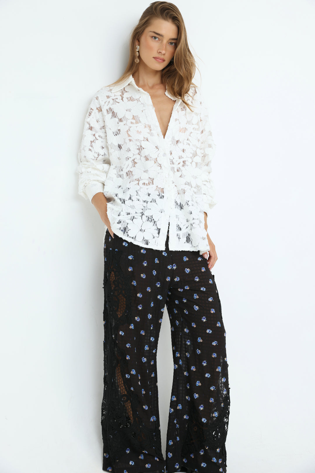 Floral Lace White Buttoned Shirt