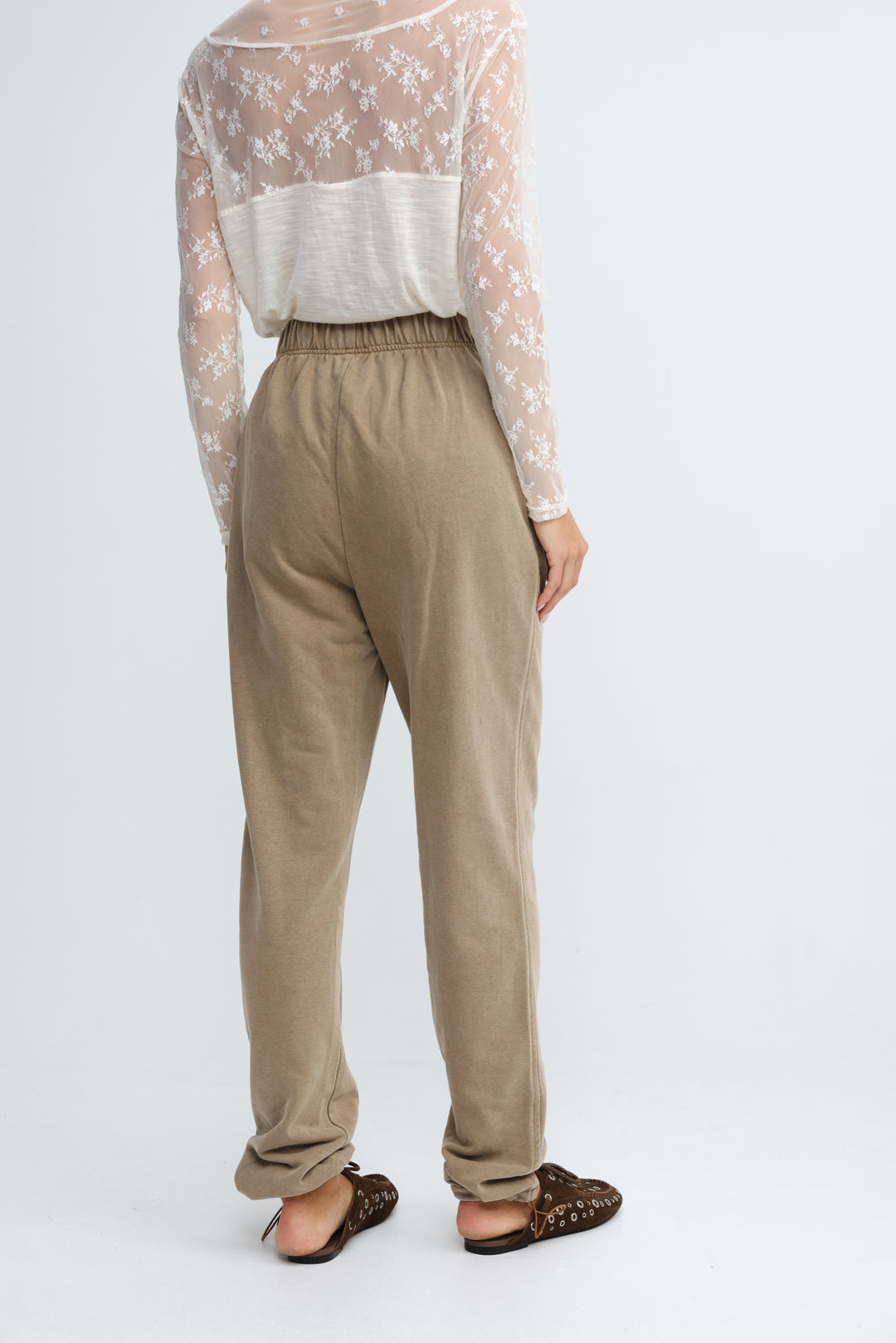 Beige Zone Camel joggers with high waist elastic waistband and cuffed hems shown from the front view