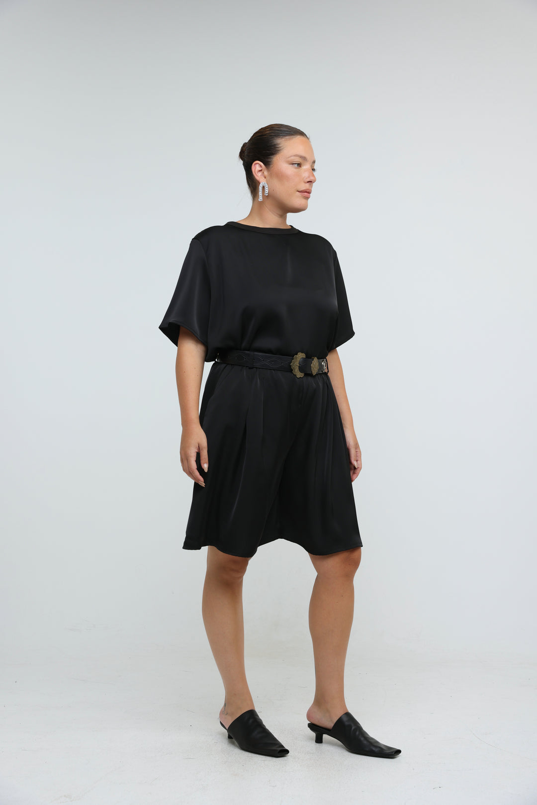Satin Black Wide Bermuda Shorts