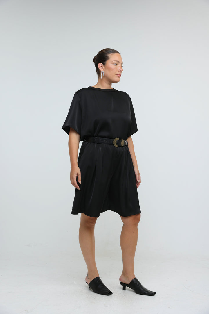 Satin Black Wide Bermuda Shorts