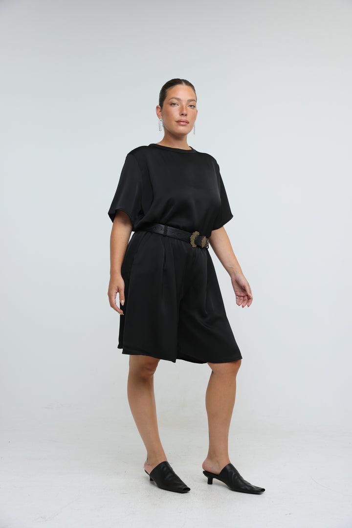 Satin Black Wide Bermuda Shorts