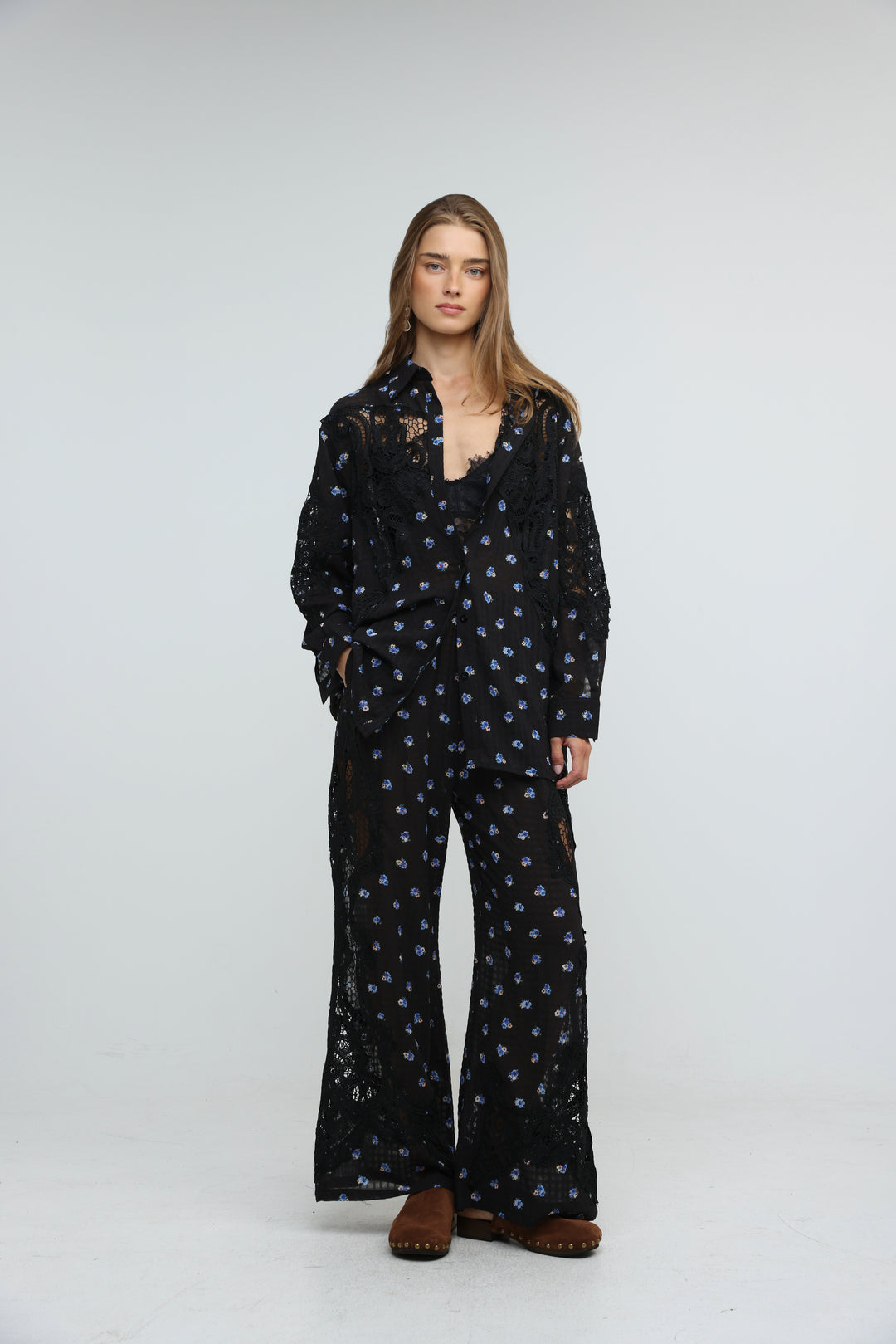 Black Floral Lace Panel Shirt