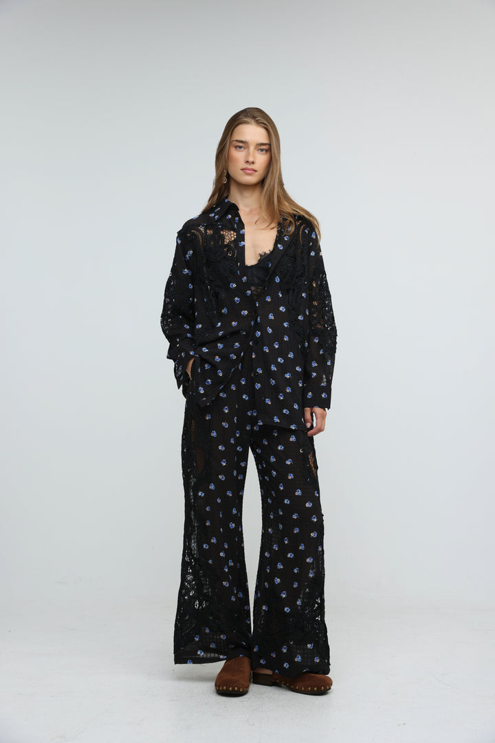 Black Floral Lace Panel Shirt
