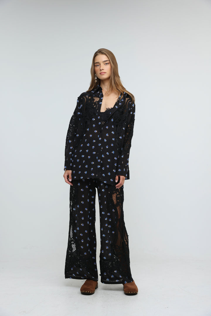Black Floral Lace Panel Shirt
