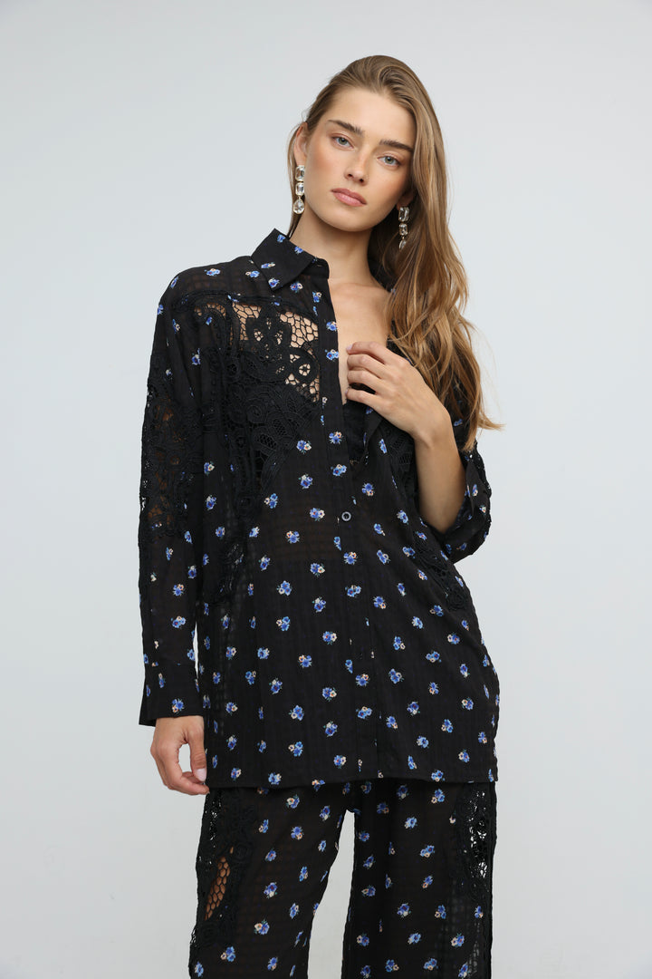 Black Floral Lace Panel Shirt